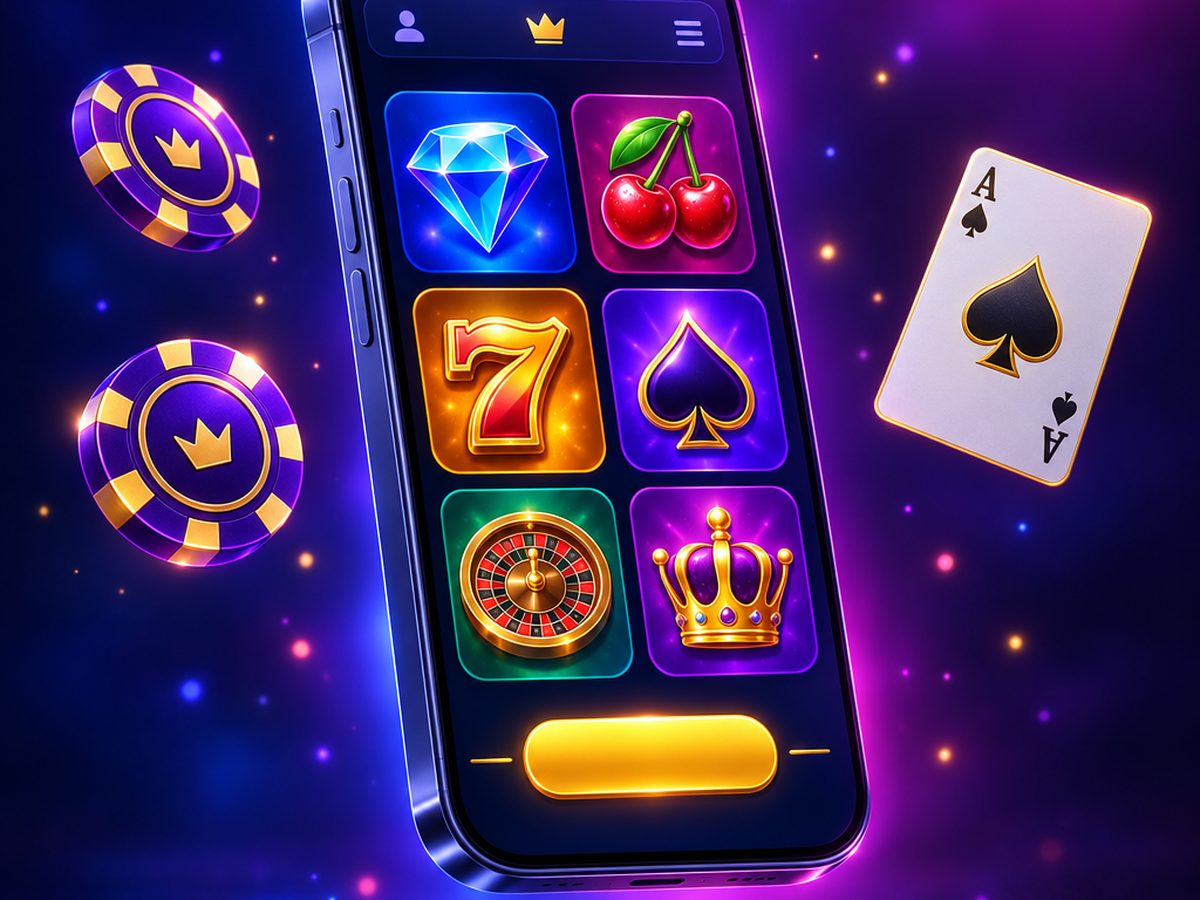 Akıllı telefon ekranında slot ve masa oyunu simgelerinden oluşan mobil casino lobisi