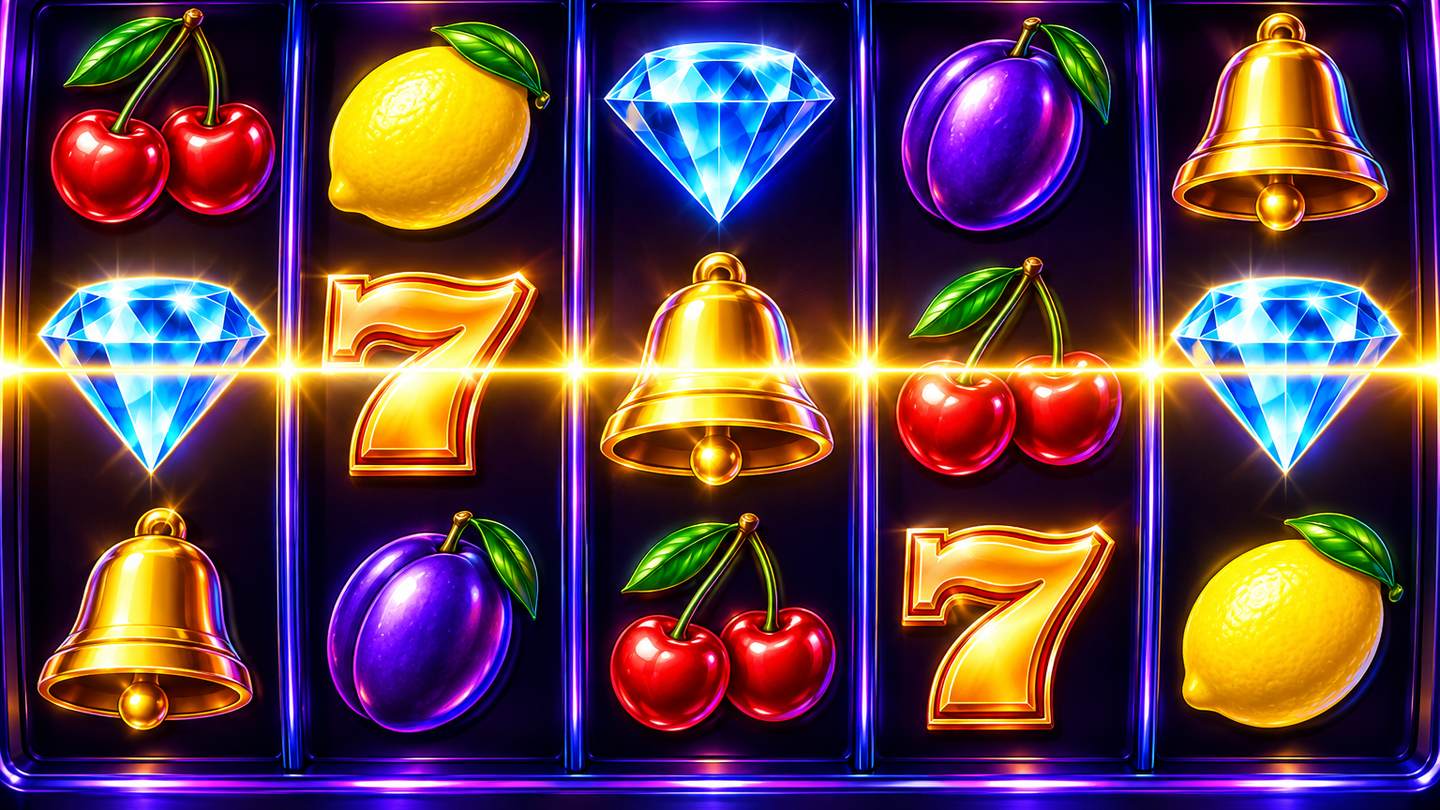 Slot makinesi makaralarında meyve ve mücevher sembolleri ile parlayan kazanç çizgisi